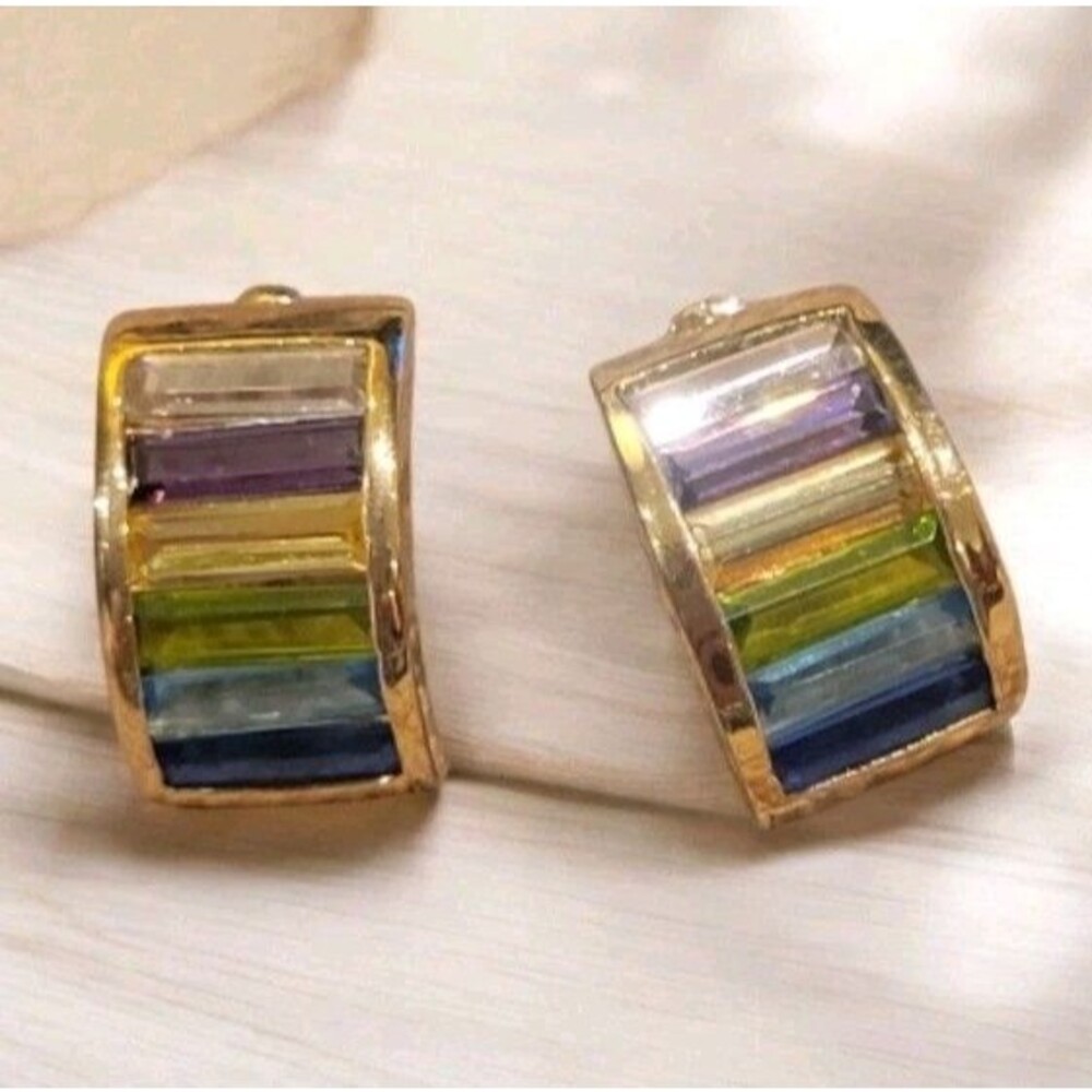 Vintage SETA Multi Colored CZ Gold Plated Crystal Half Circle Post Earrings